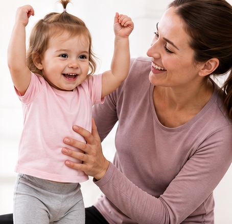 A caregiver kneels beside a smiling toddler who has both arms raised in celebration